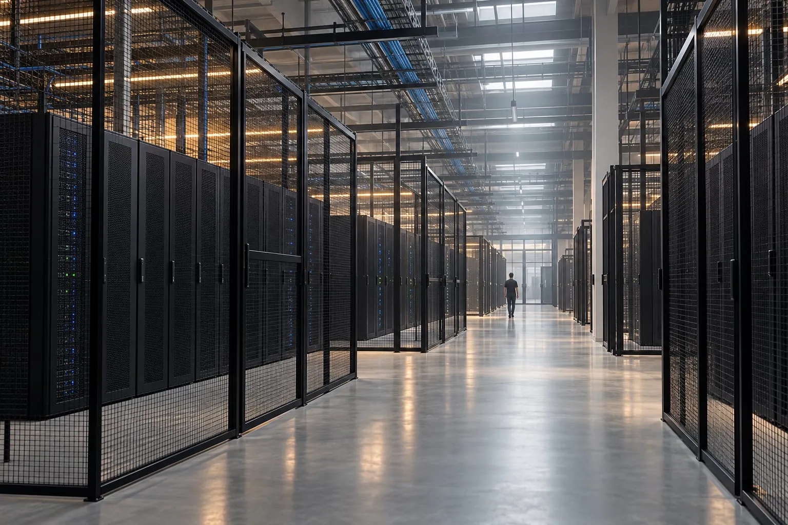 Colocation hall with mesh cages separating tenant suites of server cabinets.