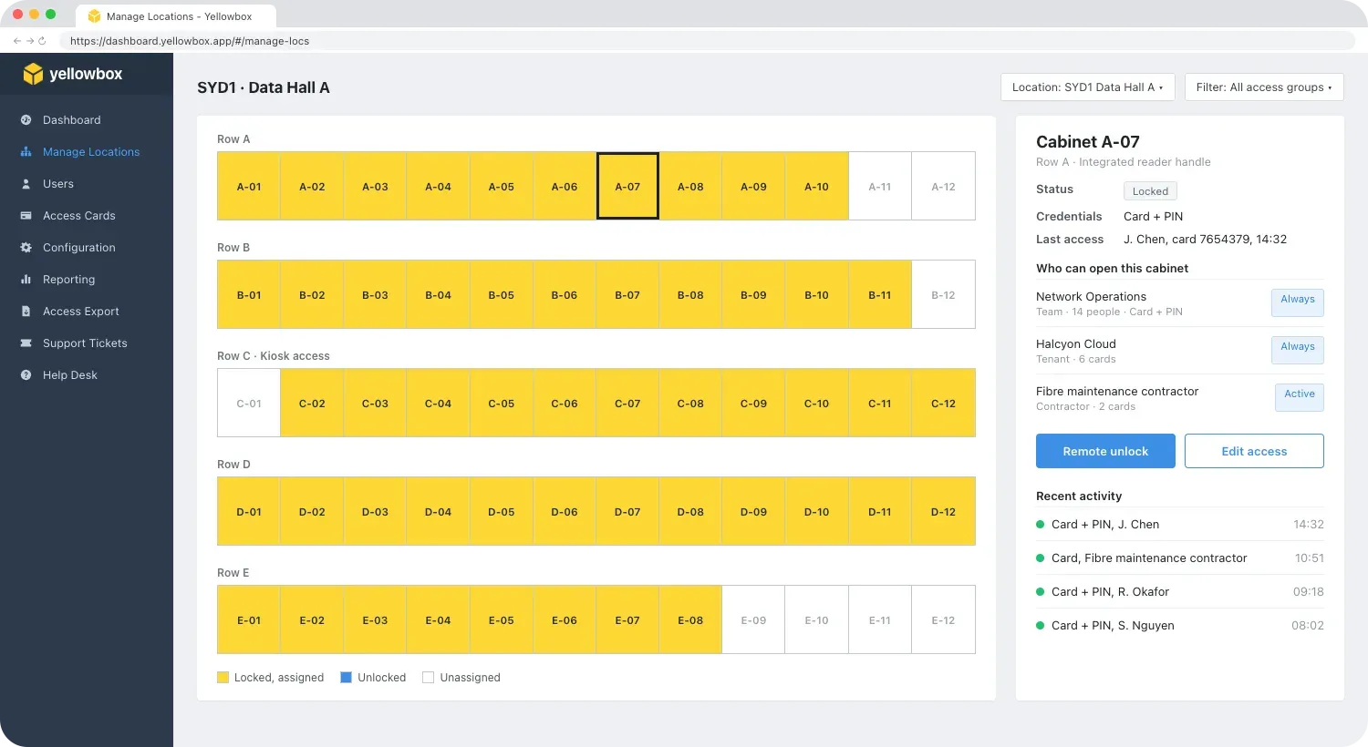 Yellowbox Dashboard floor plan of a data hall, showing who can open the selected server cabinet.