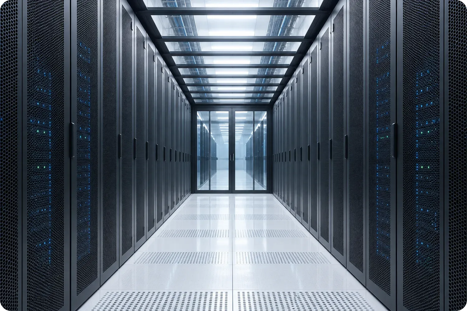 Contained cold aisle between two rows of server cabinets in a modern data centre.