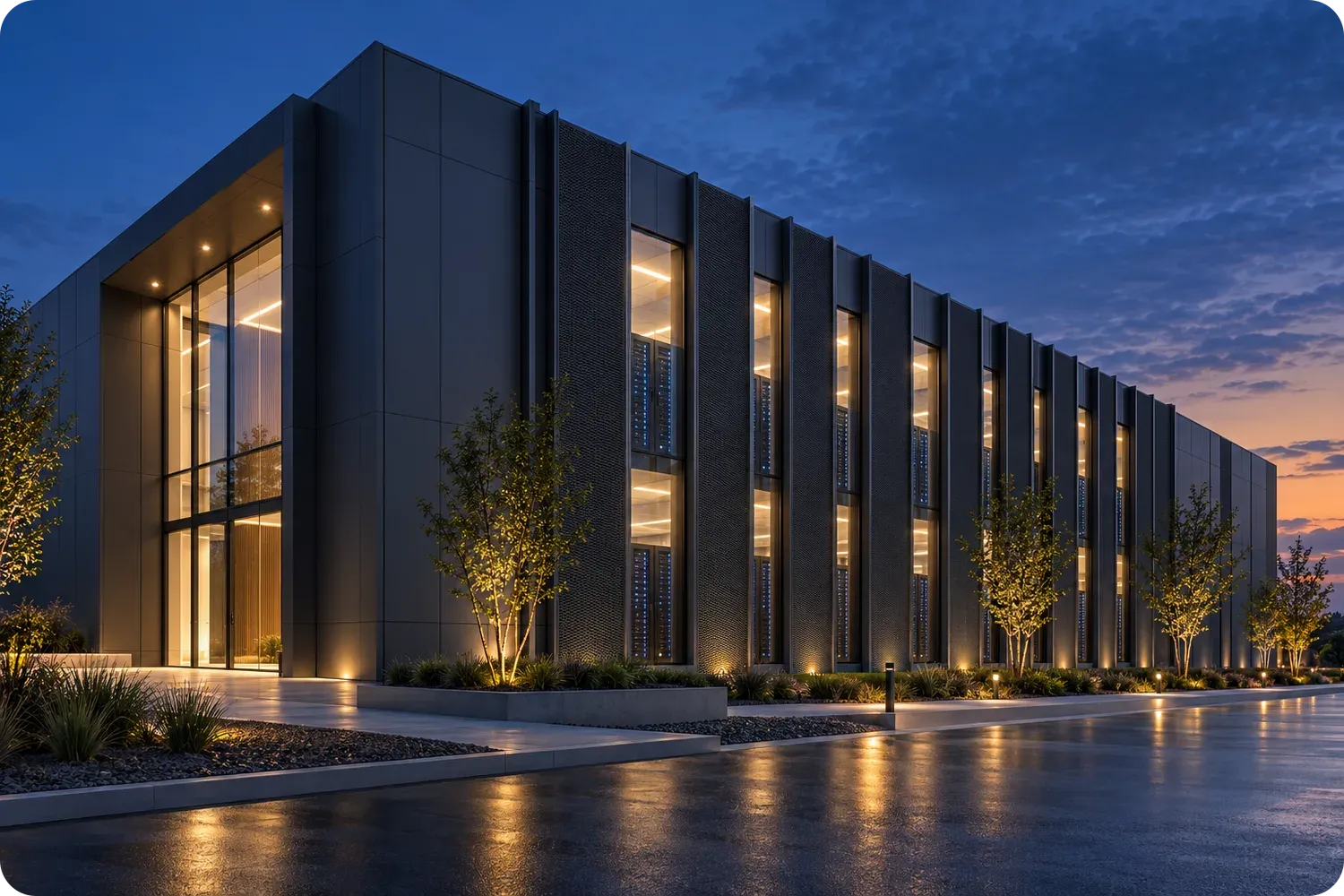 Modern data centre building at dusk.