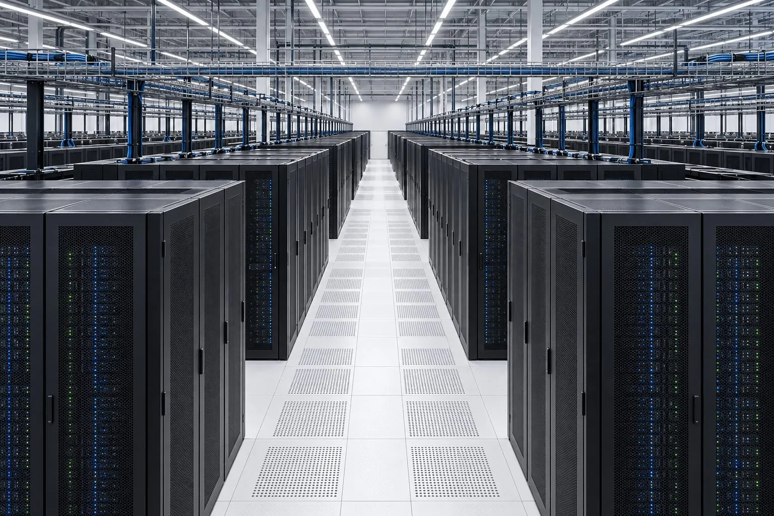Long rows of server cabinets under overhead cable trays in a large data hall.