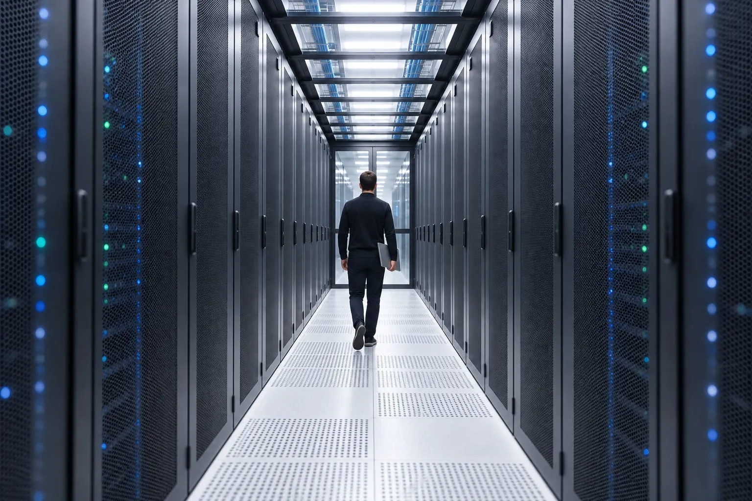 Engineer carrying a laptop down a data hall aisle between rows of server cabinets.