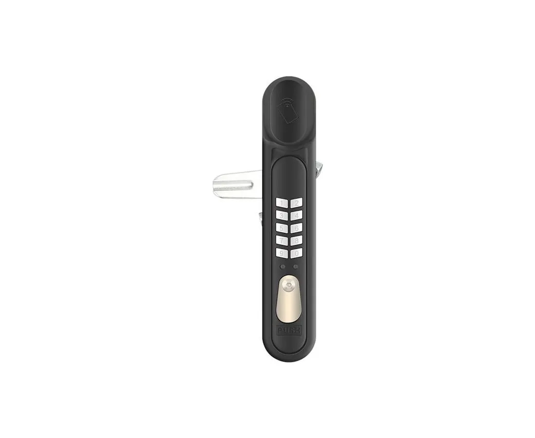 Electronic swing handle with an integrated card reader, keypad and override key cover.