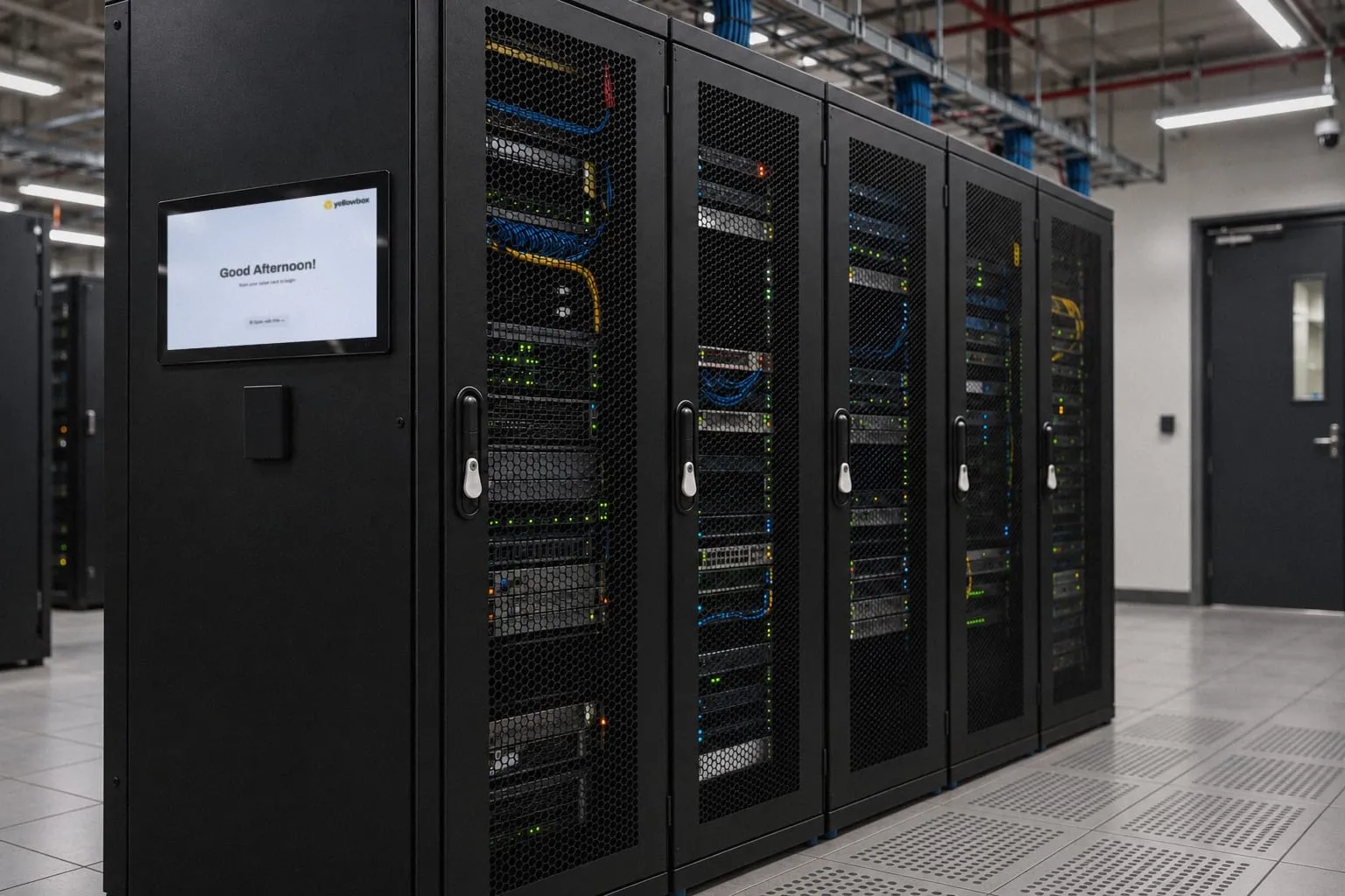 Enterprise server room with a Yellowbox Kiosk on the end of a row of cabinets fitted with electronic swing handles.